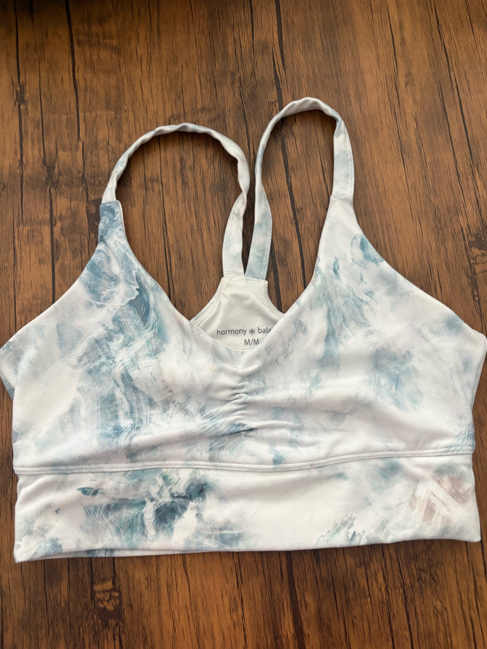Harmony & Balance Blue Marble Sports Bra — Light Blue Tie-Dye